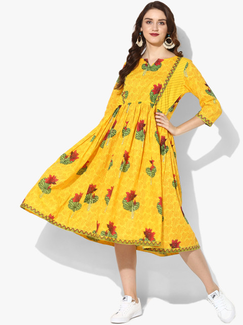

Printed Round Neck Circular Anarkali With 3/4Th Sleeves, Yellow