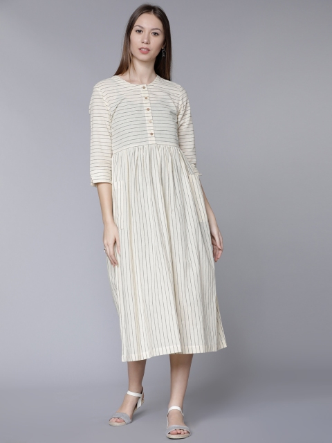 

Vishudh Women Cream-Coloured Striped Empire Dress