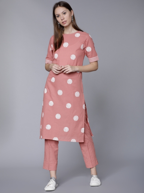 

Vishudh Women Pink & White Printed Kurta with Trousers