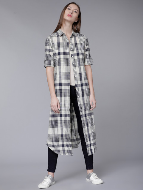 

Vishudh Women Cream-Coloured & Navy Blue Checked A-Line Kurta