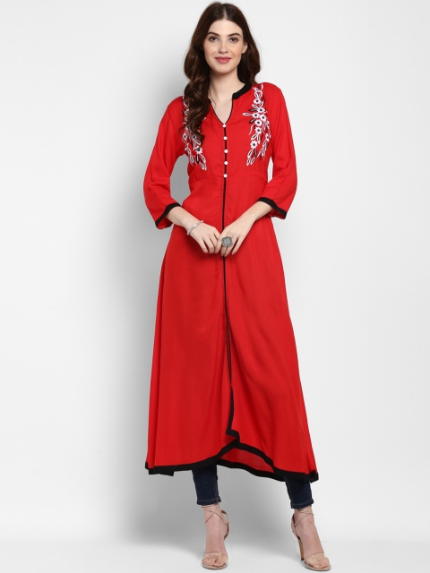 

Mytri Women Red Embroidered A-Line Kurta