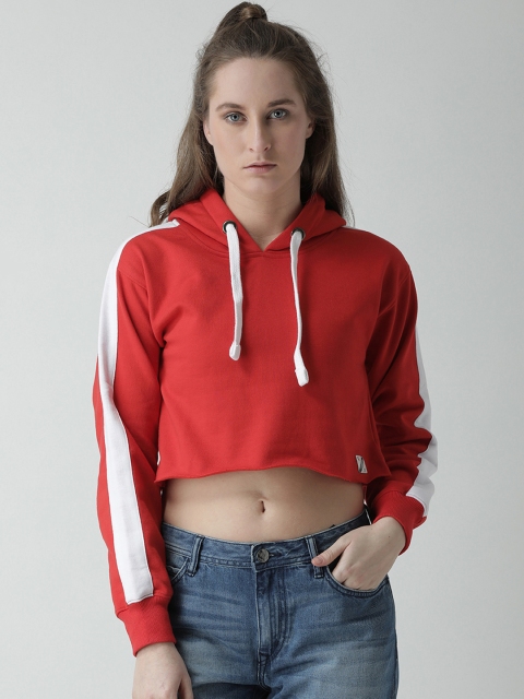 

GRIFFEL Women Red Solid Hooded Crop Sweatshirt