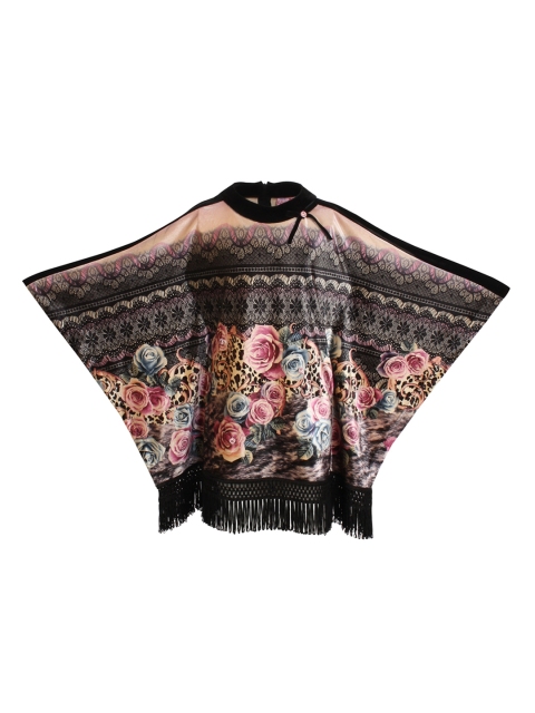 

CUTECUMBER Girls Black & Multicoloured Printed Partywear Winter Kaftan Poncho