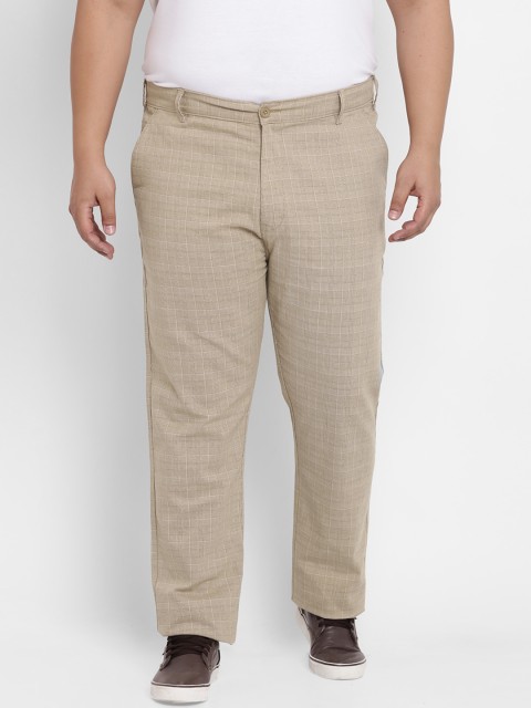 

John Pride Plus Size Men Beige Regular Fit Checked Regular Trousers