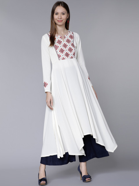 

Vishudh Women Off-White Embroidered A-Line Kurta