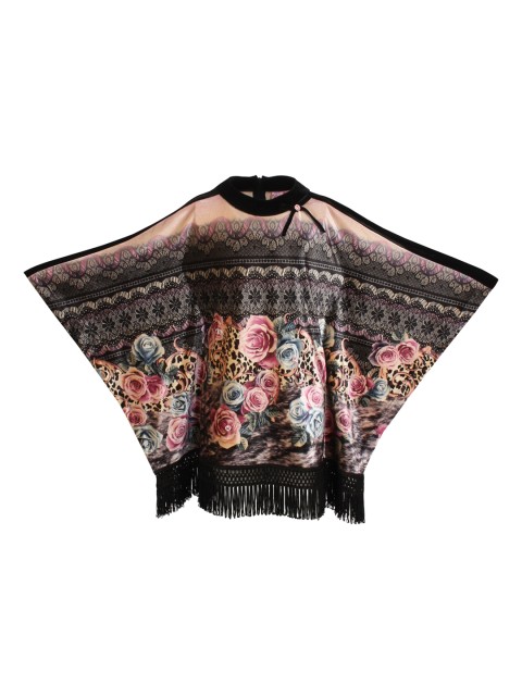 

CUTECUMBER Girls Black & Multicoloured Printed Partywear Winter Kaftan Poncho