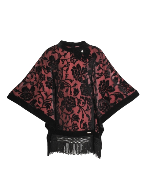 

CUTECUMBER Girls Peach-Coloured & Black Printed Partywear Winter Kaftan Poncho