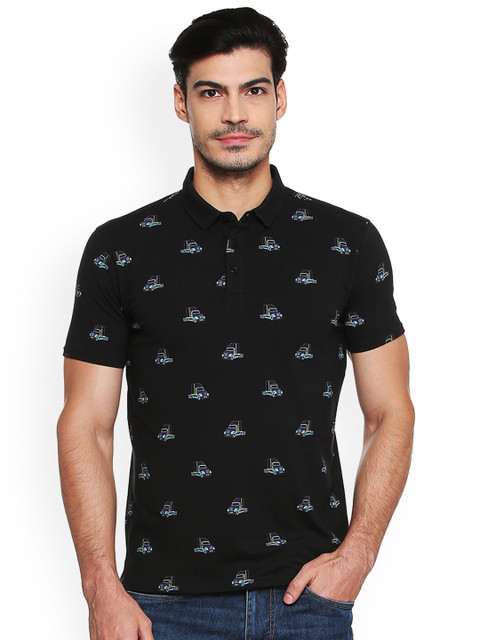 

V Dot Men Black Printed Polo Collar T-shirt