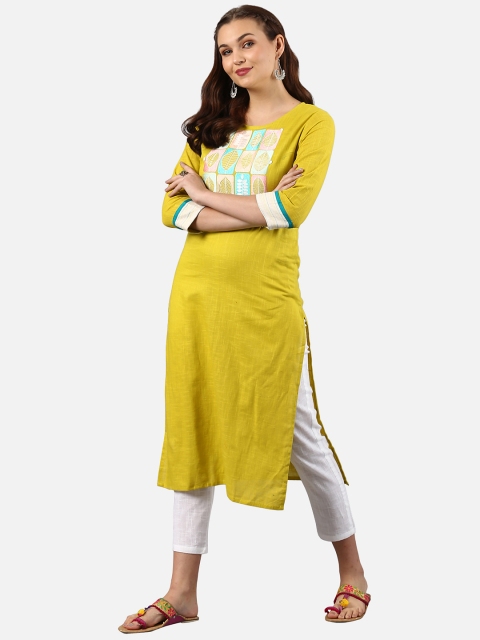 

Janasya Women Yellow & Off-White Printed Kurta with Trousers