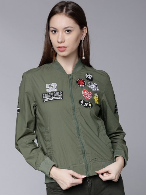 

Tokyo Talkies Women Olive Green Solid Bomber