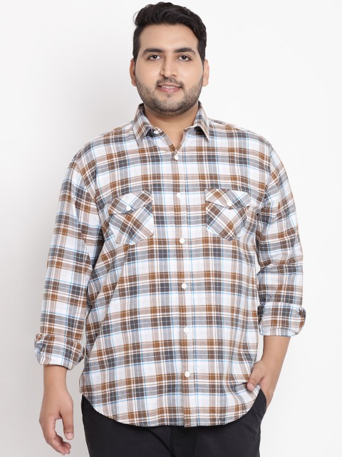 John Pride Plus Size Men Brown White Regular Fit Checked Casual Shirt