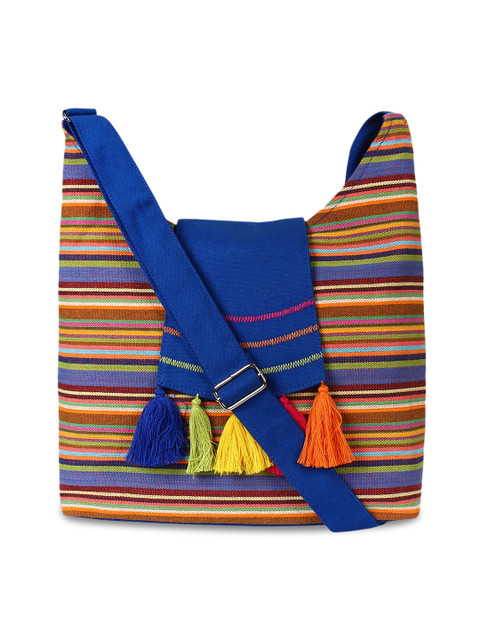 

Anekaant Blue & Coral Striped Sling Bag
