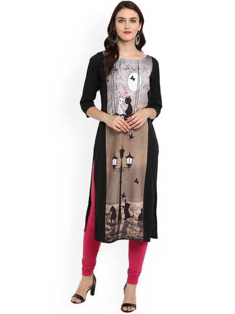 

ZIYAA Women Black & Grey Printed Straight Kurta