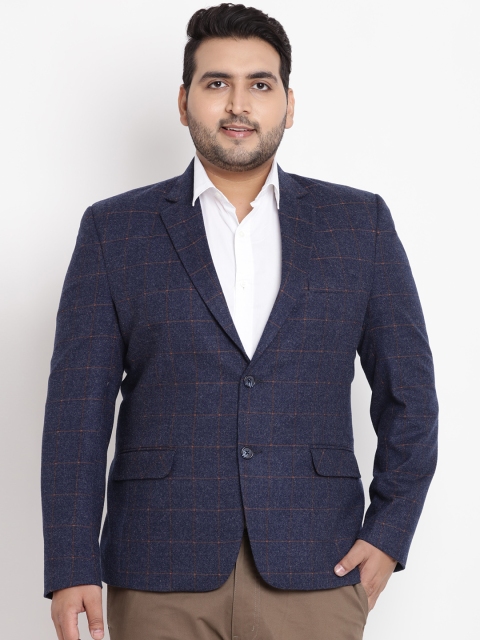 

John Pride Plus Size Men Navy Blue Checked Regular Fit Blazer