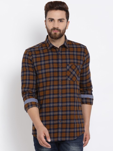 

Richlook Men Brown & Navy Blue Slim Fit Checked Casual Shirt