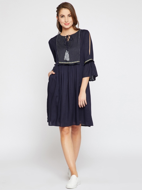 

RARE ROOTS Women Navy Blue Solid A-Line Dress