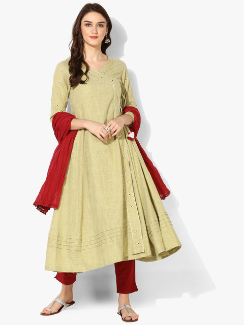

Embroidered V Neck Anagrakha Flared Kurta With 3/4Th Sleeves Teamed Up With Pants And Crushed Dupatta, Khaki