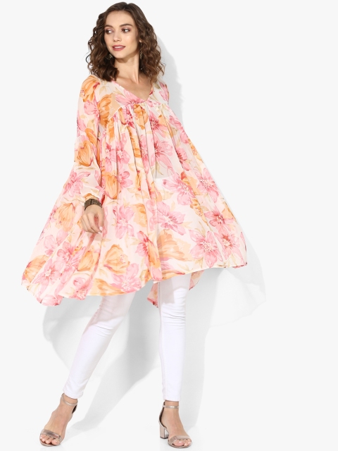 

Sangria Women Peach-Coloured & Pink Semi-Sheer Printed Tunic