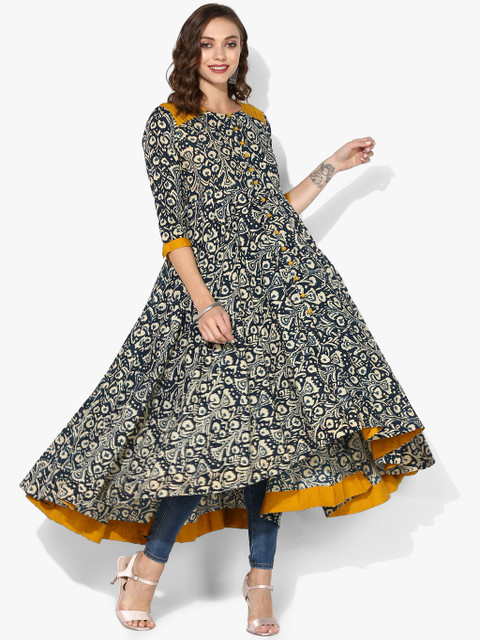 

Round Neck Printed High-Low Circular Anarkali With 3/4th Sleeves, Navy blue