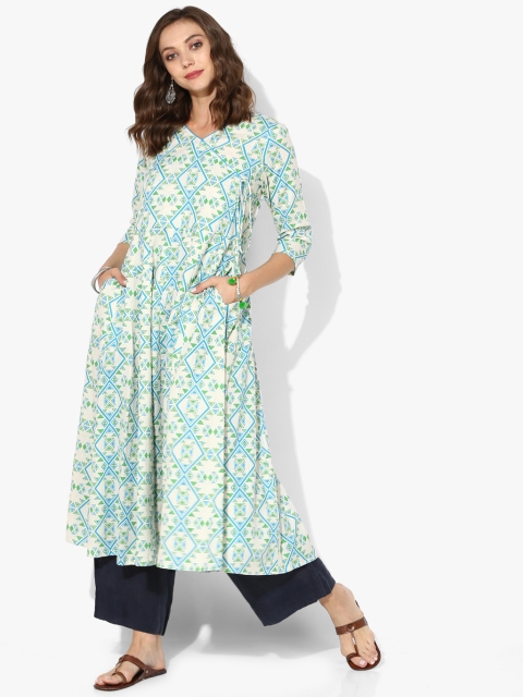

Printed Angrakha Anarkali With Dori Tassels Detail and 3/4th Sleeves, Off white