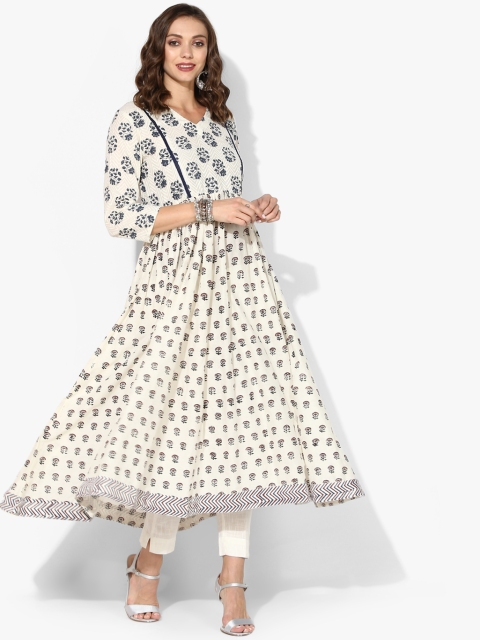 

Printed V Neck Flared Anarkali With 3/4th Sleeves, Cream
