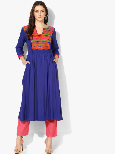 

Round Neck 3/4Th Sleeves Gathered Rayon Anarkali With Embroidered Patch Yoke Detail, Navy blue