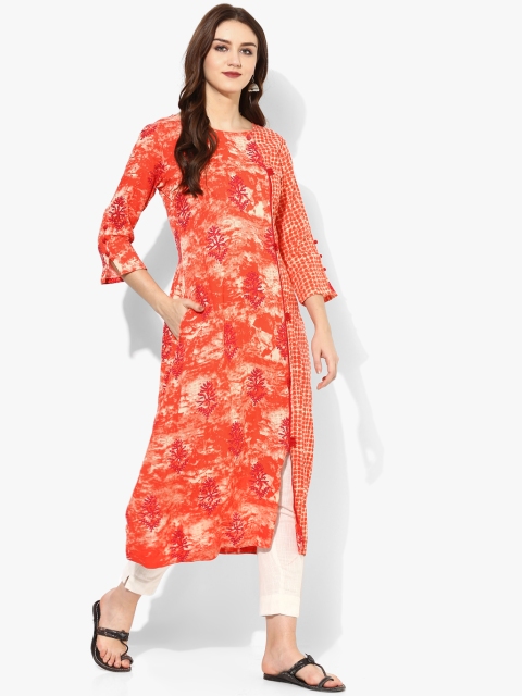

Printed Round Neck Straight Fit Kurta With 3/4Th Sleeves, Maroon