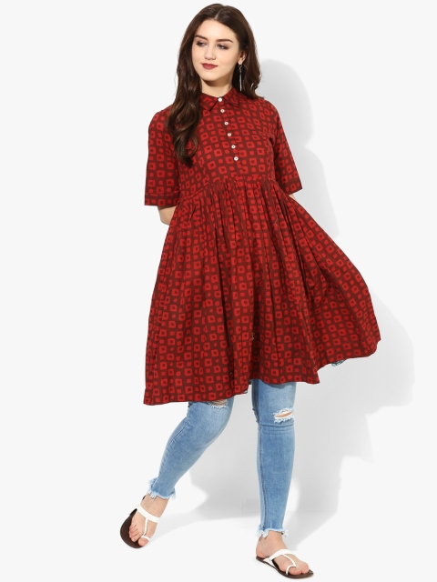 

Shirt Collar Original Dabu Print Flared Tunic With With Elbow Sleeves And Front Placket, Maroon