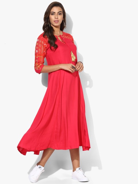 Round Neck 3/4 Sleeves Aline Kurta With Key Hole Neckline, Fuchsia