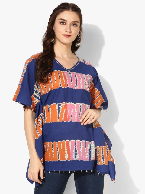 

Round Neck Printed Georgette Kaftan With Mettalic Hem Detail, Blue