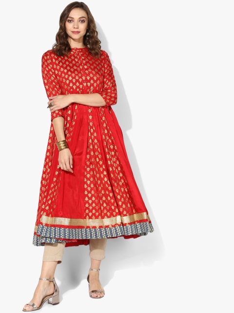 

Gold Printed Band Collar Paneled Anarkali With 3/4th Sleeves, Red