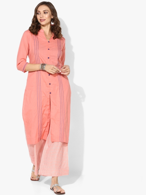 Solid Band Collar Kurta With Pin Tucks Detail And 3/4Th Sleeves Teamed Up With Printed Palazzo, Peach