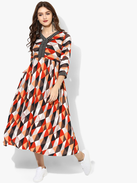 

V Neck 3/4Th Sleeves Rayon Printed Flared Anarkali, Multi