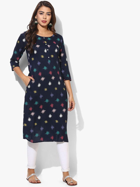 

Round Neck Colorfull Hash Printed Kurta With 3/4th Sleeves, Navy blue