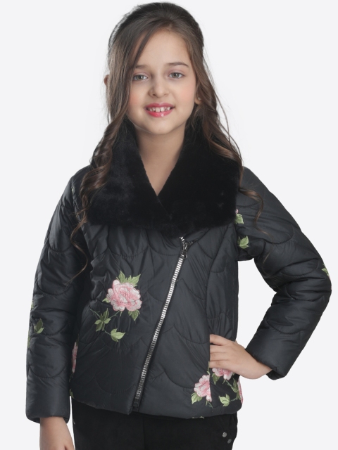 

CUTECUMBER Girls Black Solid Embroidered Quilted Jacket