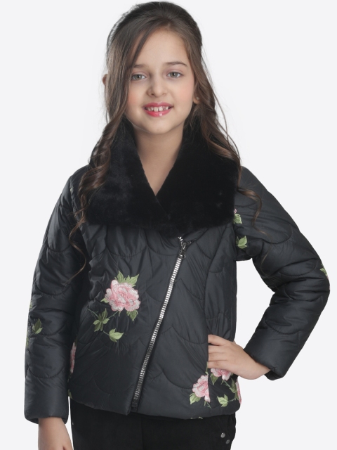 

CUTECUMBER Girls Black Printed Quilted Jacket