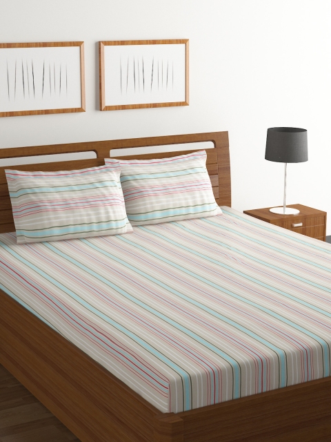 

BOMBAY DYEING Beige & Blue Striped Flat 144 TC Cotton 1 King Bedsheet with 2 Pillow Covers