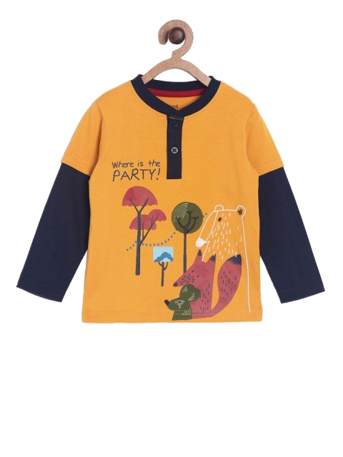 

MINI KLUB Boys Mustard Orange and Navy Blue Printed Henley Neck T-shirt