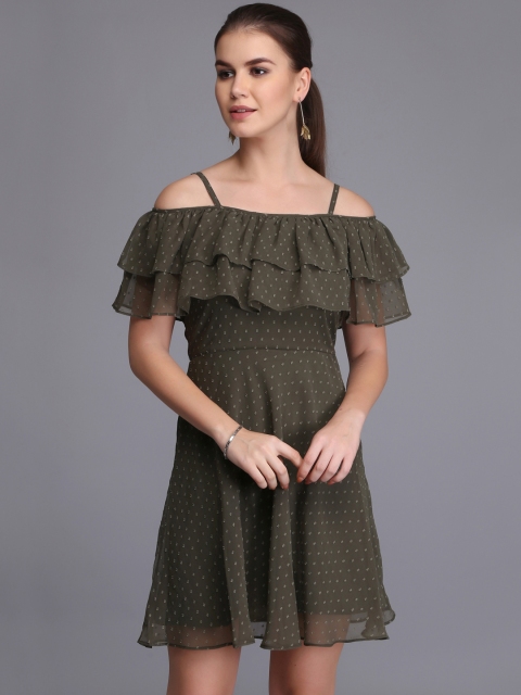

Eavan Women Olive Green Self Design Fit and Flare Dress