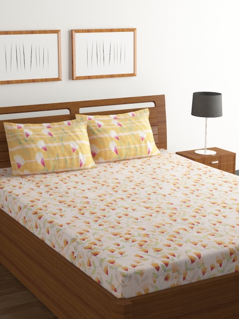 

BOMBAY DYEING Peach-Coloured Floral Flat 130 TC Polycotton 1 King Bedsheet with 2 Pillow Covers