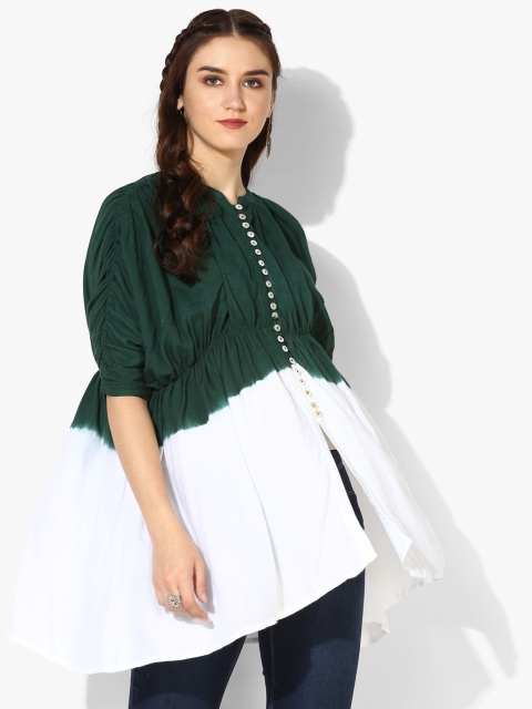 

Ombre Dyed Mandarin Collar Flared Top With Full Sleeves, Green