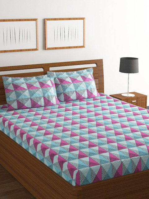

BOMBAY DYEING Teal & Purple Print Flat 144 TC Cotton 1 King Bedsheet with 2 Pillow Covers