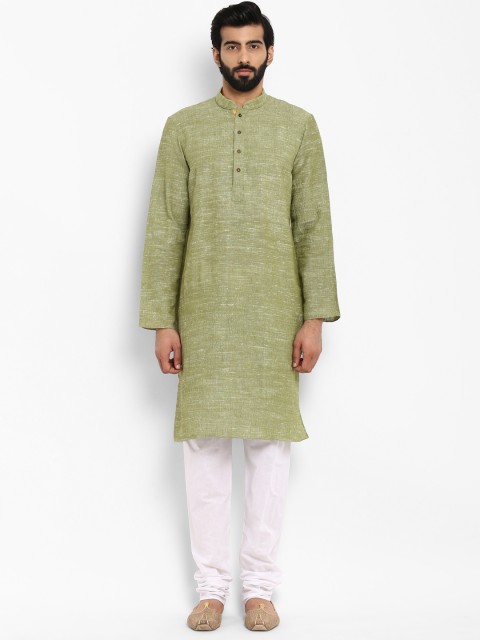 

ethnix Men Green & White Solid Kurta with Churidar