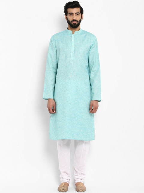 

ethnix Men Sea Green & White Solid Kurta with Churidar