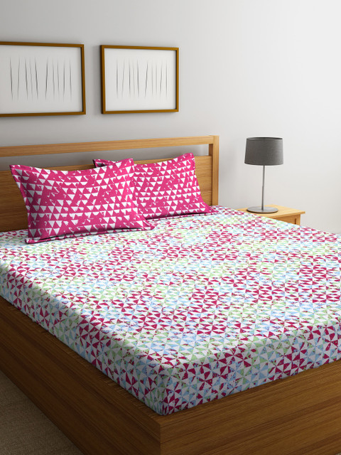 

BOMBAY DYEING Pink & Blue Geometric Flat 104 TC Cotton 1 King Bedsheet with 2 Pillow Covers