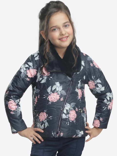 

CUTECUMBER Girls Black Printed Quilted Jacket
