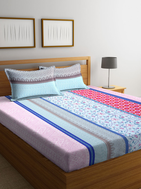 

BOMBAY DYEING Blue & Maroon Ethnic Motifs Flat 104 TC Cotton 1 King Bedsheet with 2 Pillow Covers