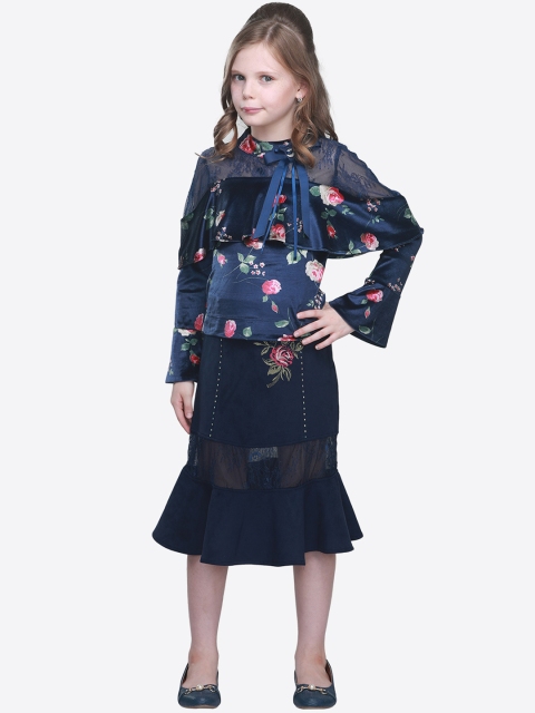 

CUTECUMBER Girls Navy Blue Printed Top with Skirt
