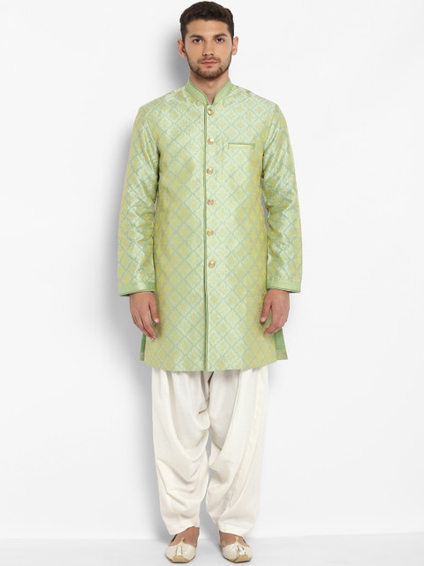 

Ethnix Men Green & Golden-Coloured Woven Design Sherwani
