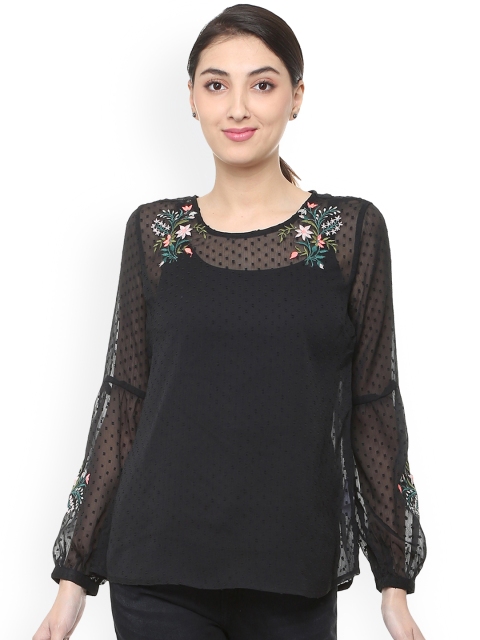 

People Women Black Self Design A-Line Top